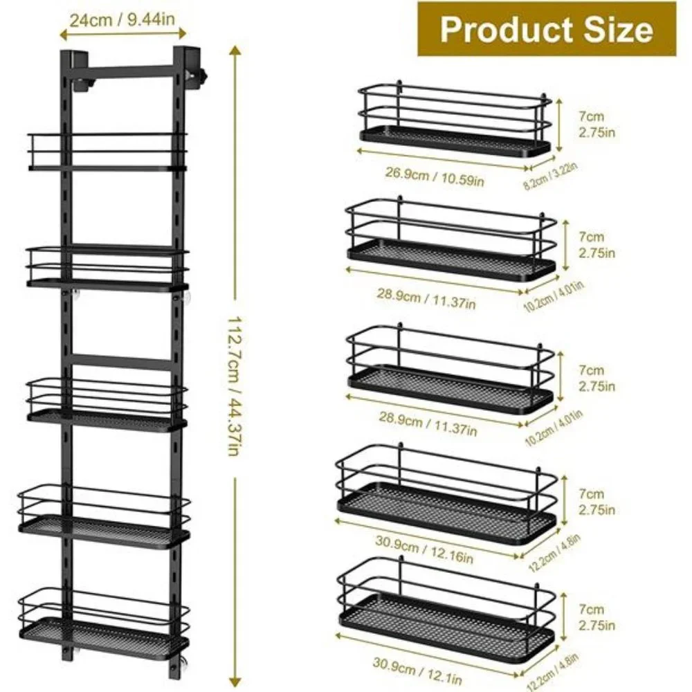 5 Tier Over the Shower Door Caddy, Adjustable Rustproof Shower Organizer, Black